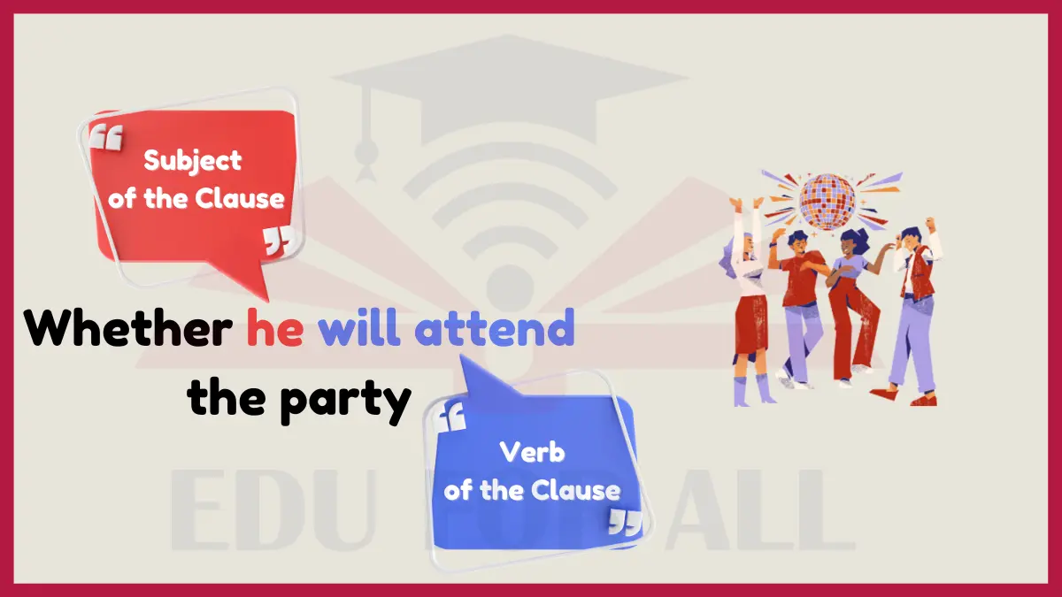 image showing Whether he will attend the party as an example of Noun Clauses 
