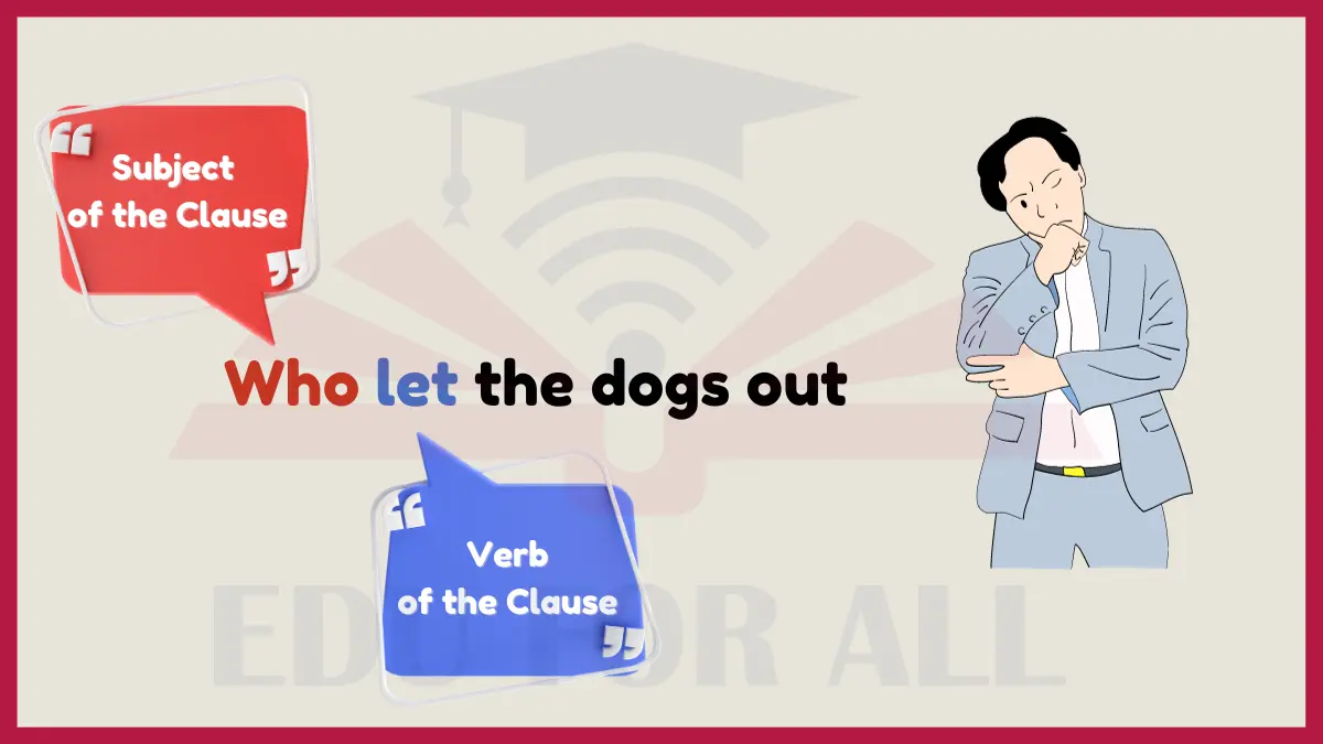image showing Who let the dogs out as an example of Noun Clauses 