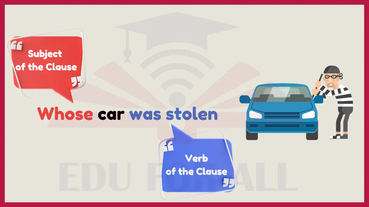 image showing Whose car was stolen as an example of Noun Clauses 